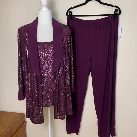 NEW R&M Richards Burgundy Wine Sequin Pant Suit Set Jacket Tank Pants Plus 18W - Picture 2 of 15